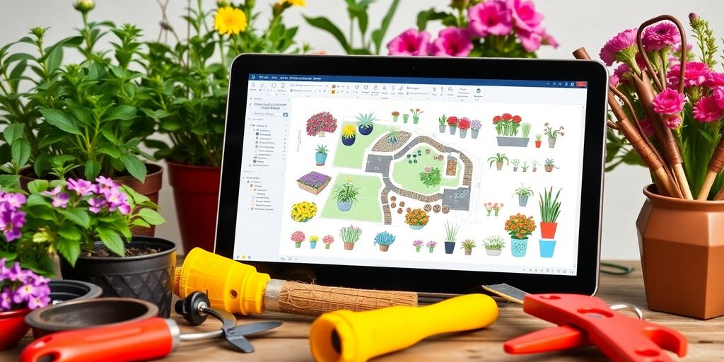 Gartenplan mit verschiedenen Pflanzen und Werkzeugen.