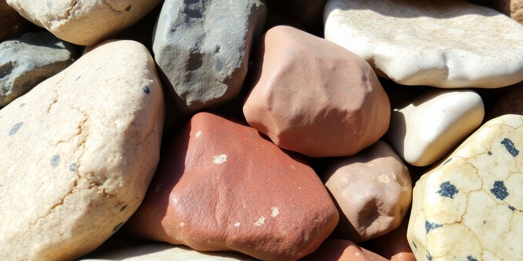 Close-up of artistic stonework showcasing various textures and colors.