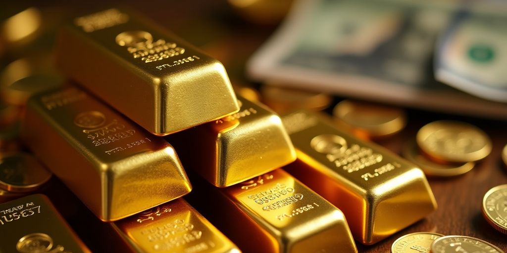 Lingots d'or empilés sur une surface brillante.