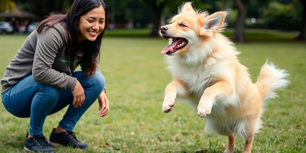 Dog jumping happily towards a smiling person.