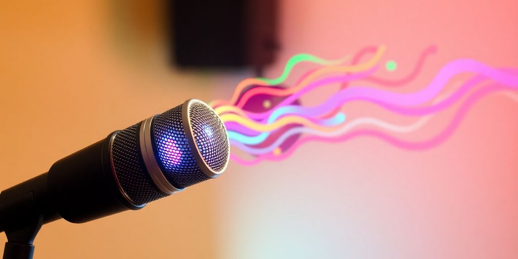 Podcast microphone with vibrant, swirling sound waves.