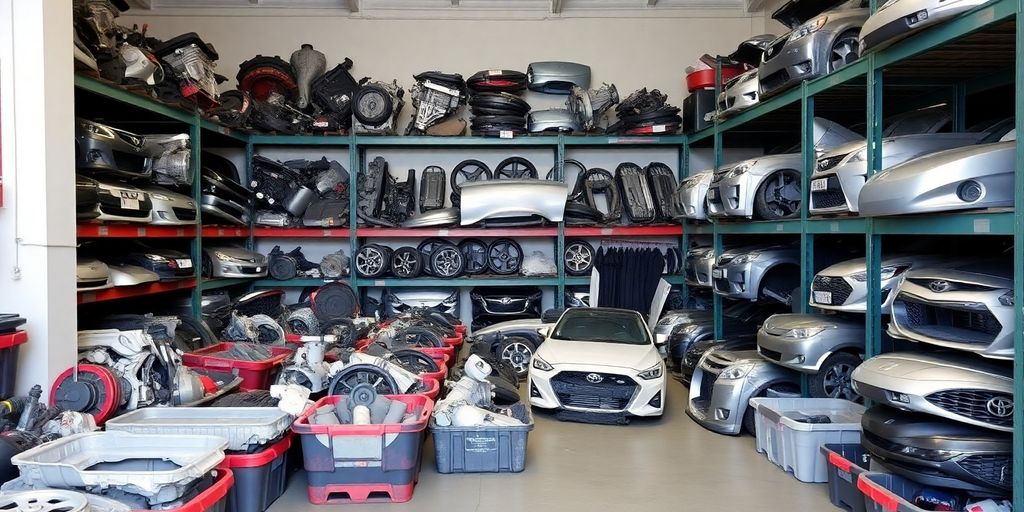 Used Toyota parts neatly arranged in a warehouse.