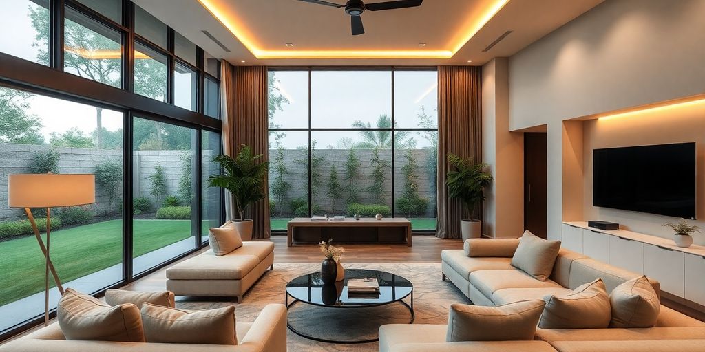 Luxurious living room with smart home features and decor.