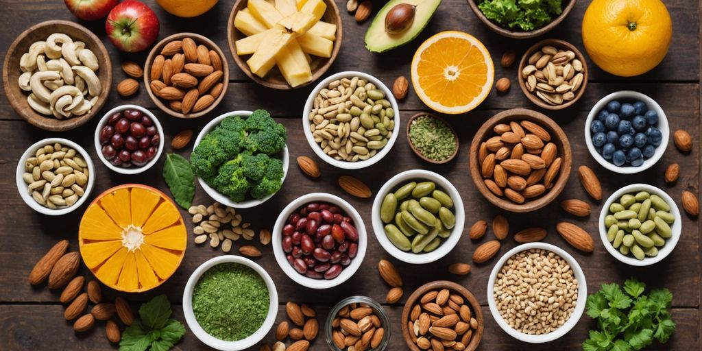 Healthy foods and natural supplements on a table.