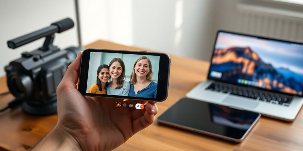 Hand holding iPhone displaying video call with iPad and MacBook