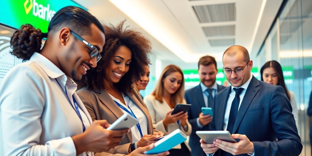 Diverse professionals engaged with technology in a modern bank.