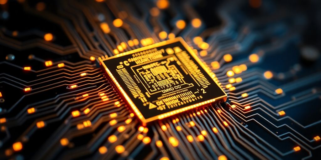 Futuristic computer chip glowing with energy.