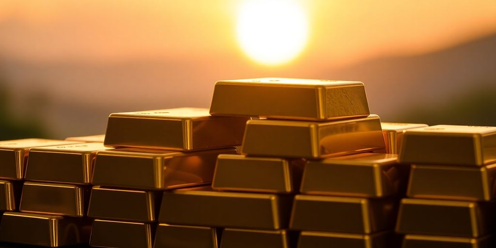 Barres d'or brillantes avec arrière-plan flou au lever du soleil.