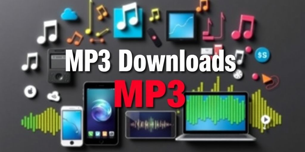Collage of music icons and digital devices for MP3 downloads.