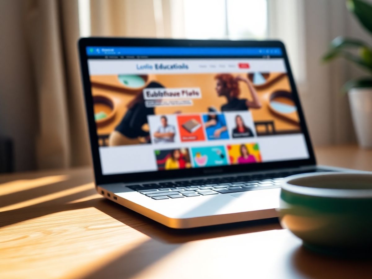 Laptop afișând un site educațional vibrant.