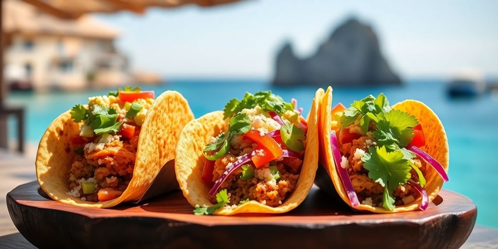 Colorful tacos on a plate, scenic ocean backdrop.