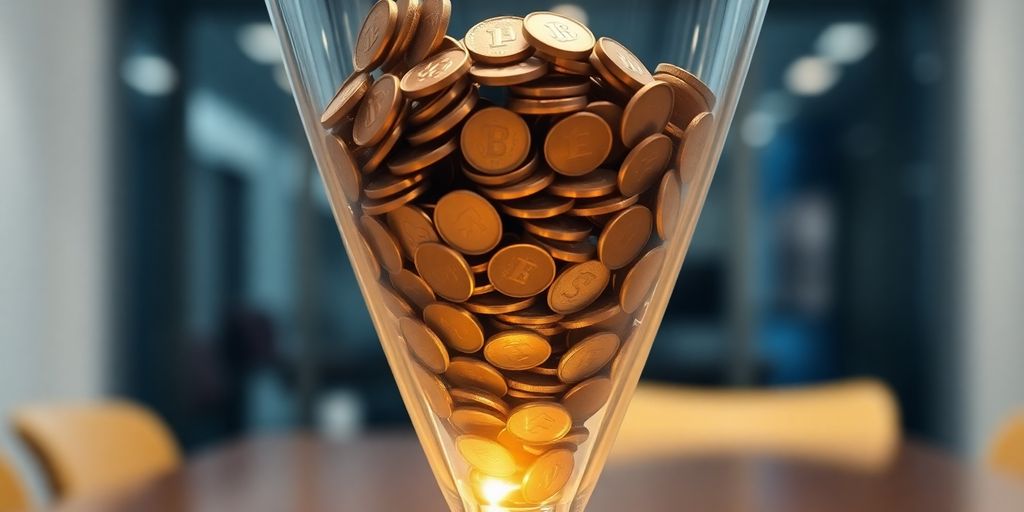 Gleaming coins cascade through a clear glass sales funnel.