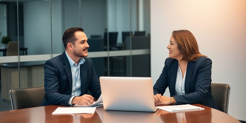Consultant discussing with client in modern office.
