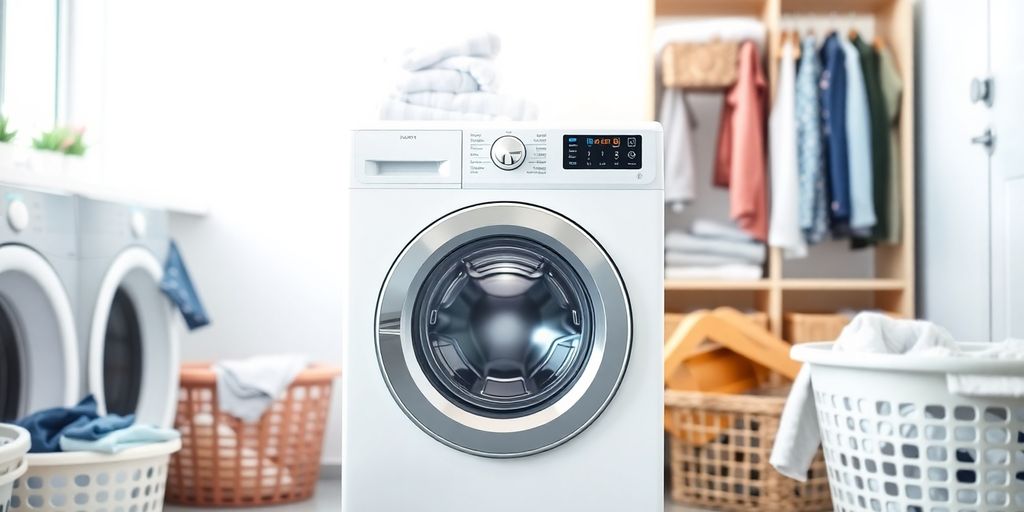 Moderne Waschmaschine in heller Waschküche mit Wäsche.