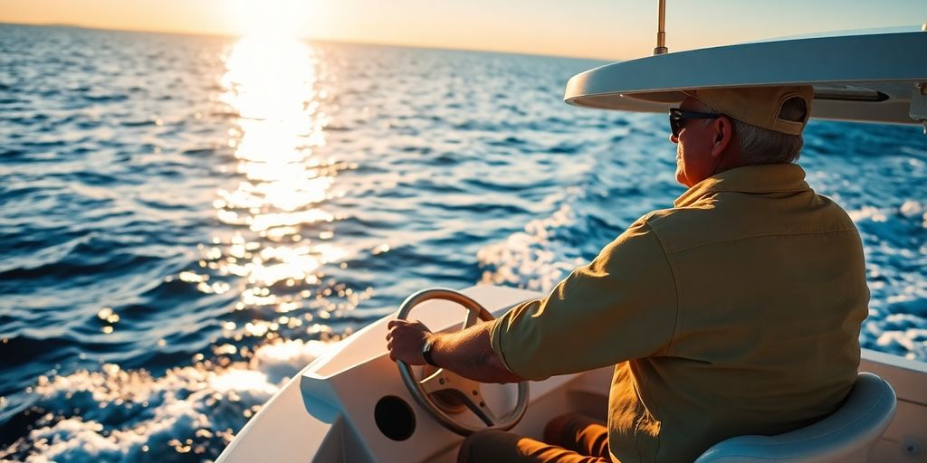 Charter captain piloting a boat at sunset.