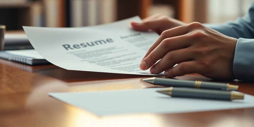 Person reviewing resume on a desk.