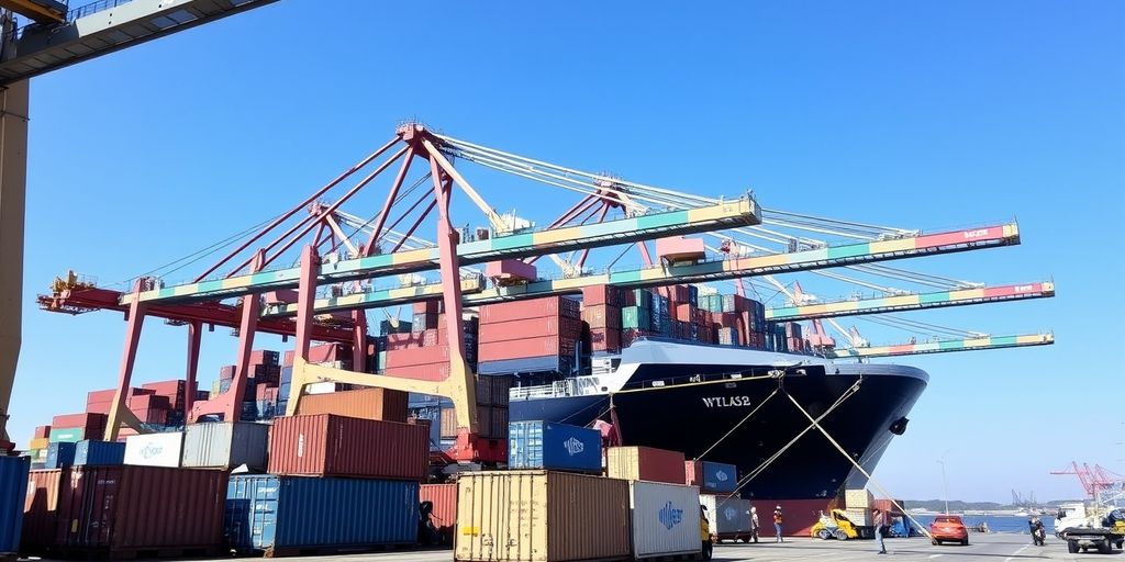 Cargo ship at port with containers and cranes.