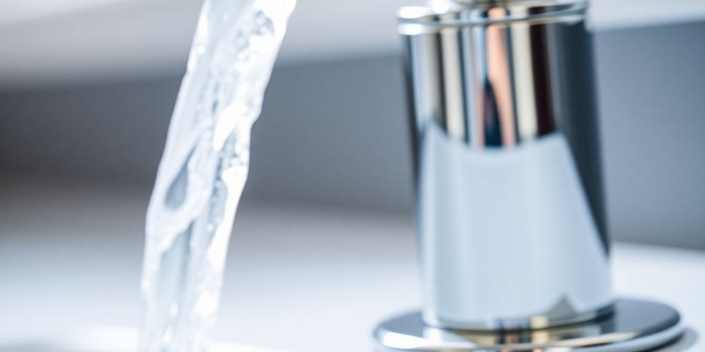 Sleek modern chrome faucet with clear water stream.