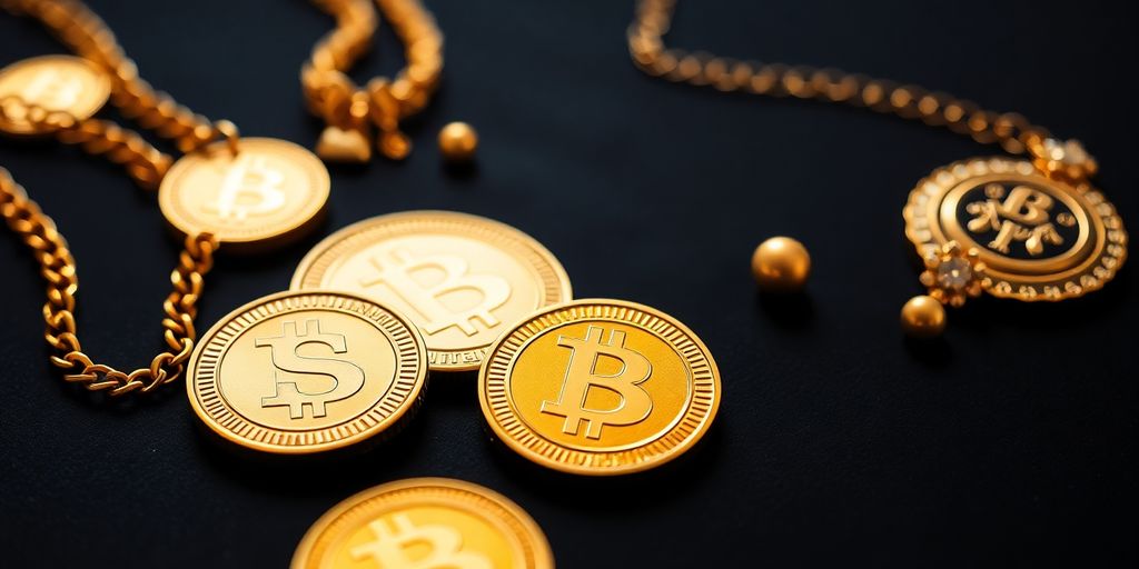 Pièces d'or et bijoux sur une surface sombre.