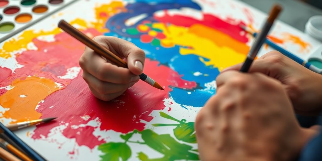 Painter's hands applying paint on a colorful canvas.