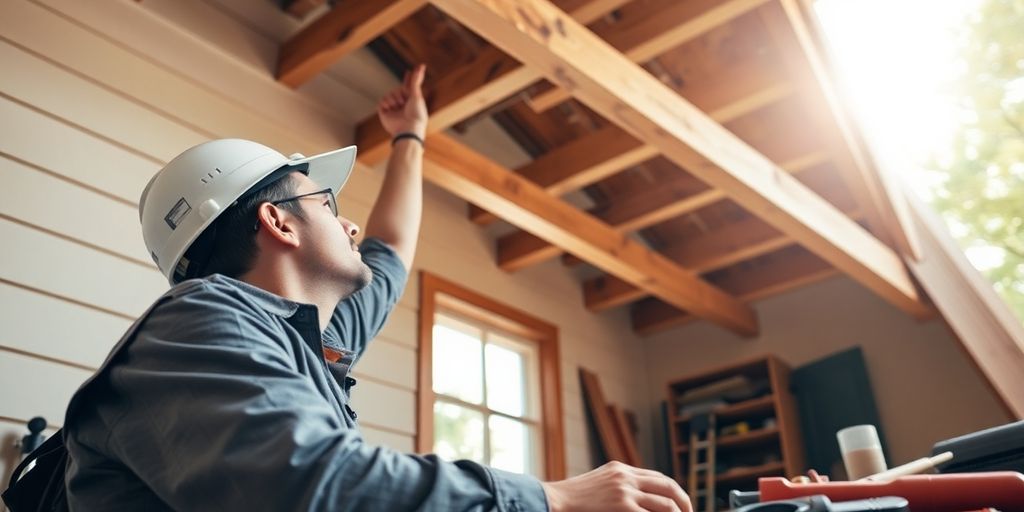 Contractor inspecting structural beams in a home restoration.