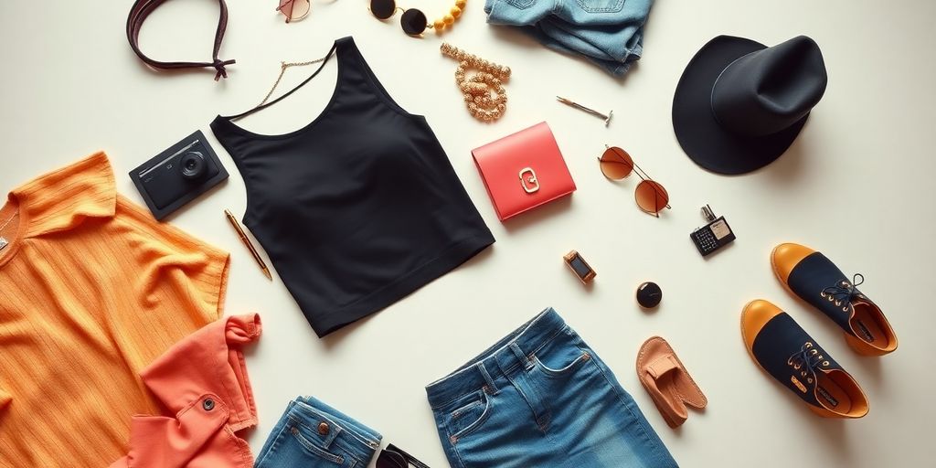 Flat lay of trendy clothing and accessories for inspiration.