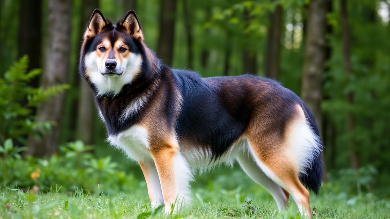 Finnish Hound in a vibrant forest setting.