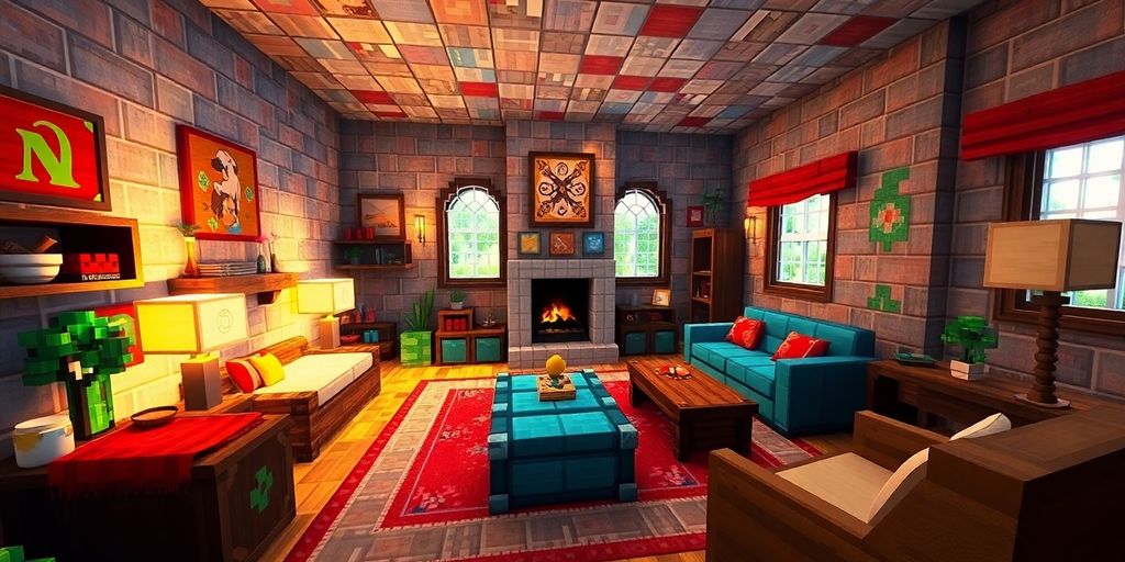 Colorful Minecraft living room with furniture and decorations.