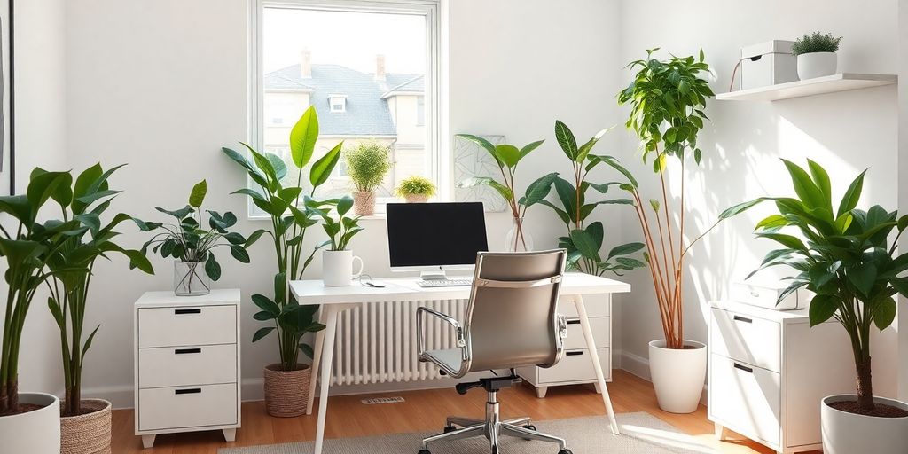 Modern home office with plants and natural light.