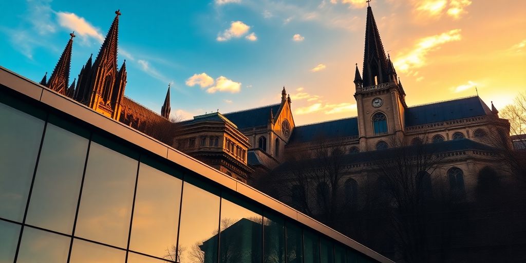 Kölner Dom vor modernem Bürogebäude bei Sonnenuntergang