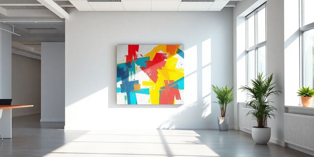 Modern office interior with vibrant abstract wall art.