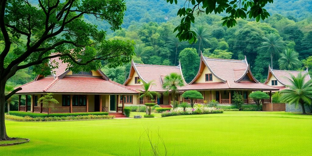 Traditional Thai house amidst lush greenery and trees.