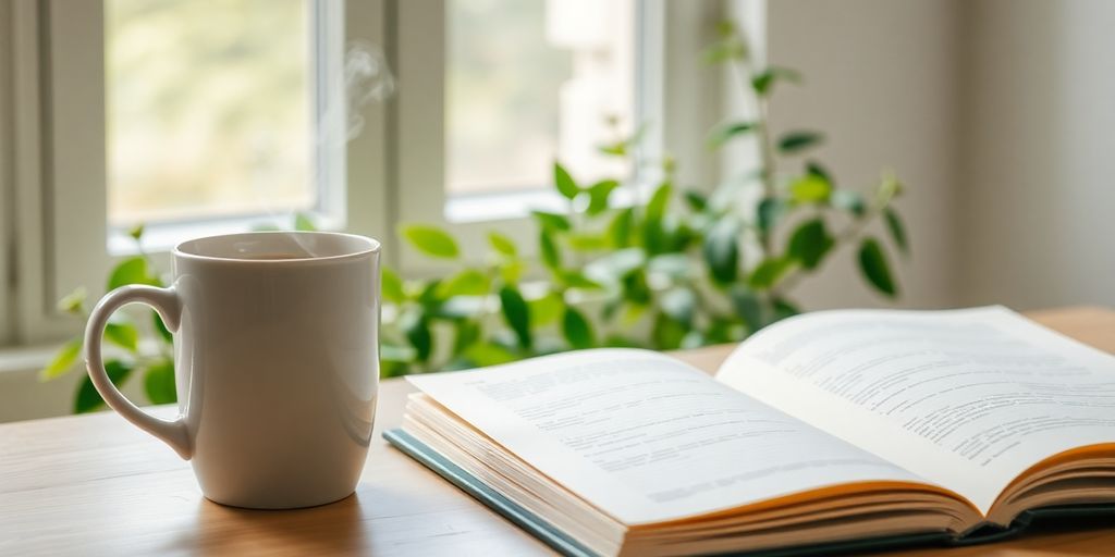 Serene workspace with coffee and journal for inspiration.