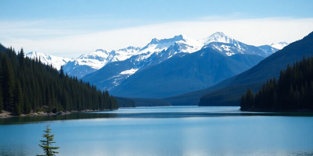 Snowy mountains, dense forest, calm lake.