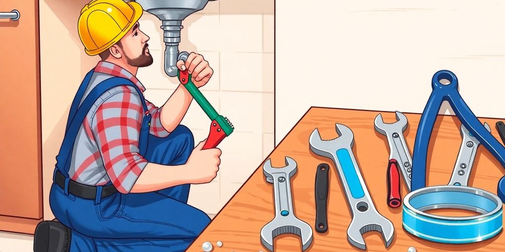 Plumber kneeling under sink using wrench with various tools nearby