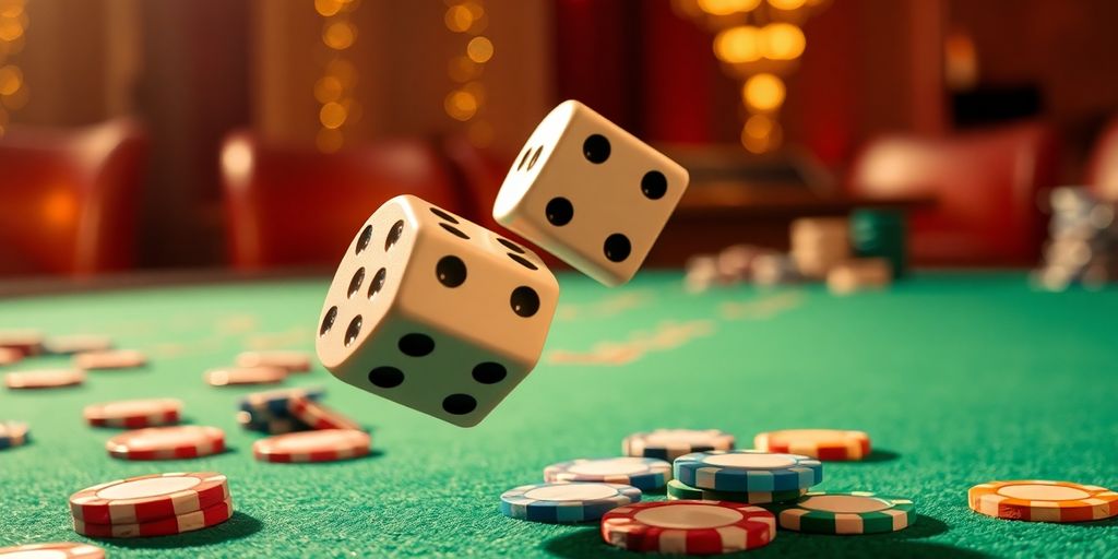 Dice and chips on a craps table.
