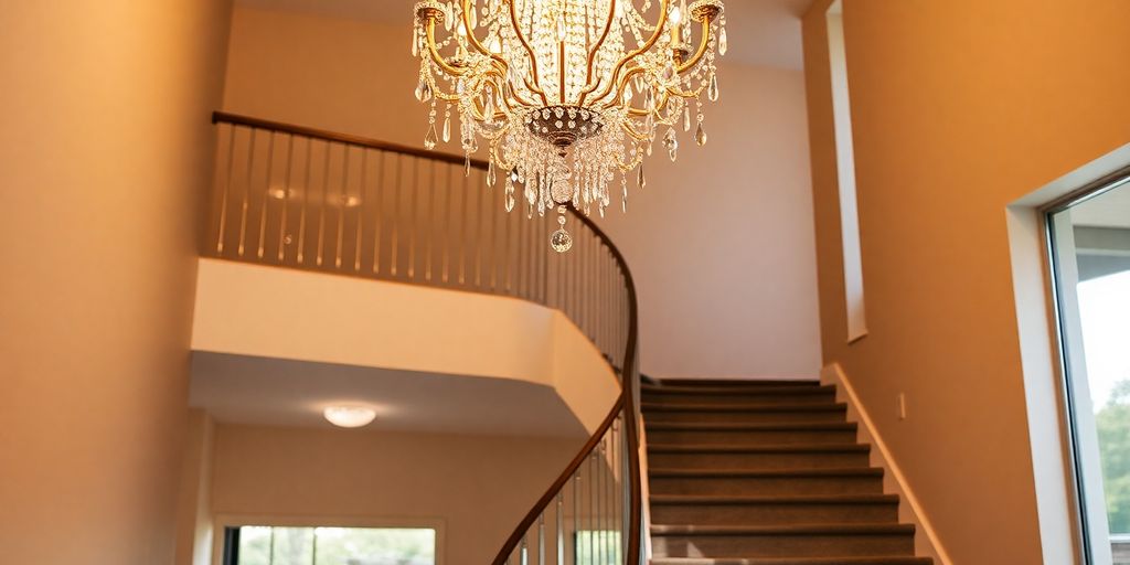 Elegant stairwell chandelier illuminating a grand staircase.