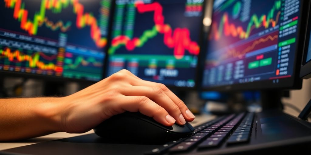 Hands poised over keyboard, multiple screens displaying market data.