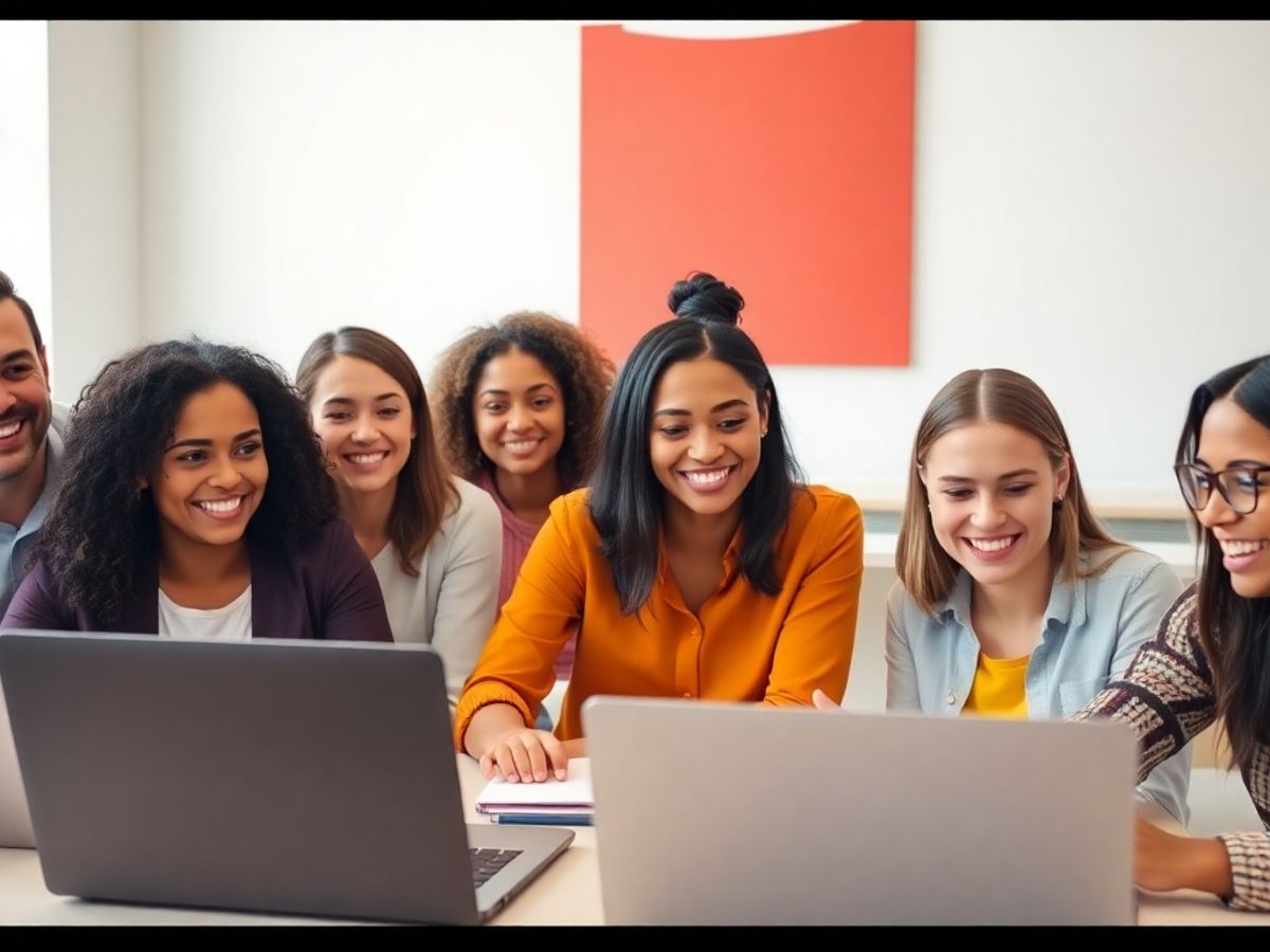 Diverse individuals engaged in an online English class.