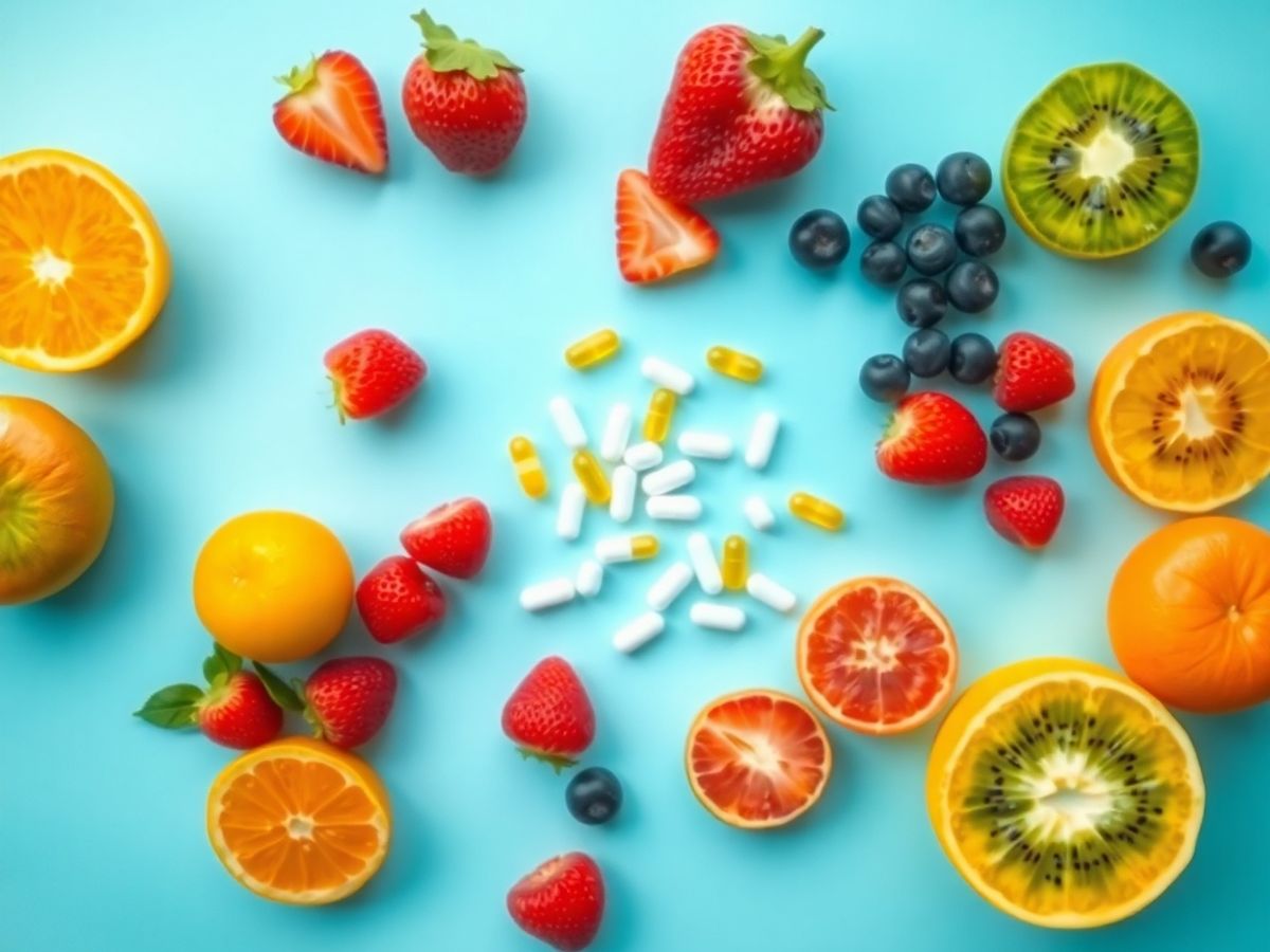 Fructe proaspete și pastile de vitamine pe o suprafață luminoasă.