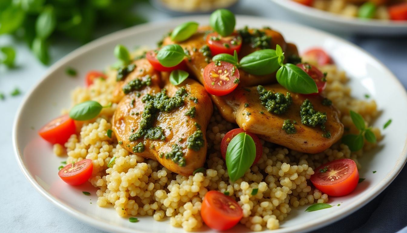 Pesto chicken and quinoa on a colorful plate.