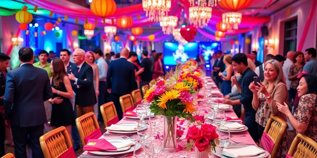 Decorated event table with flowers and guests enjoying themselves.
