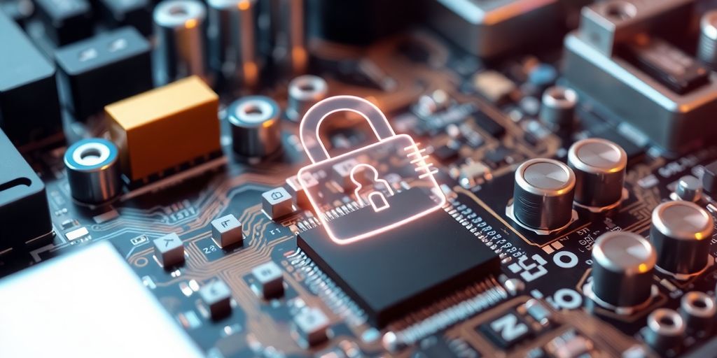 Close-up of a circuit board with digital lock overlay.