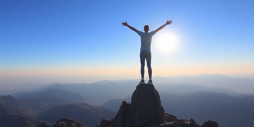 Person standing on mountain peak, arms outstretched