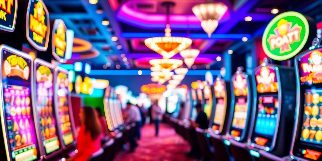 Colorful slot machines glowing in a casino.