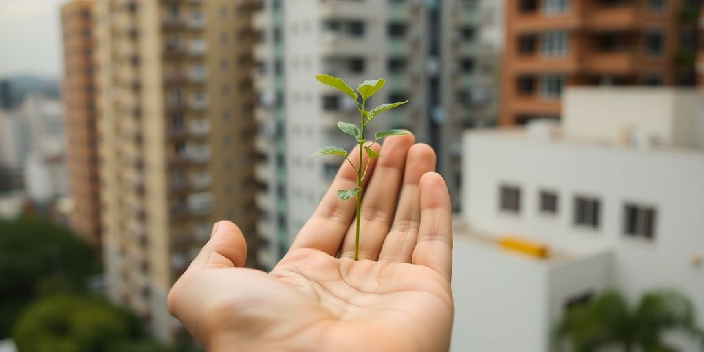 Hand holding a small plant in an urban environment.