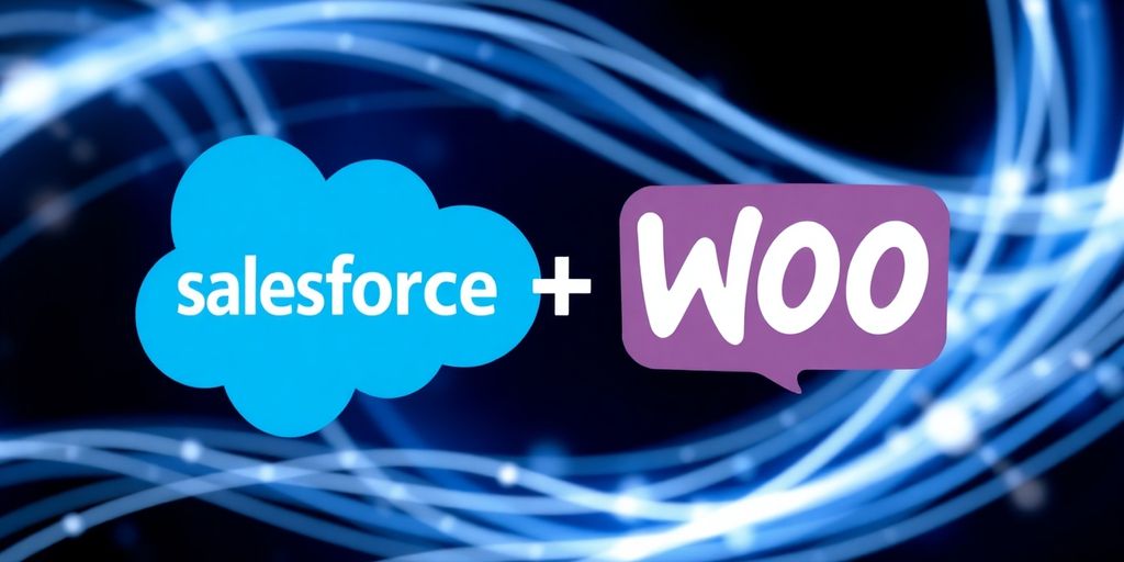 Salesforce and WooCommerce logos connected by a digital pathway.