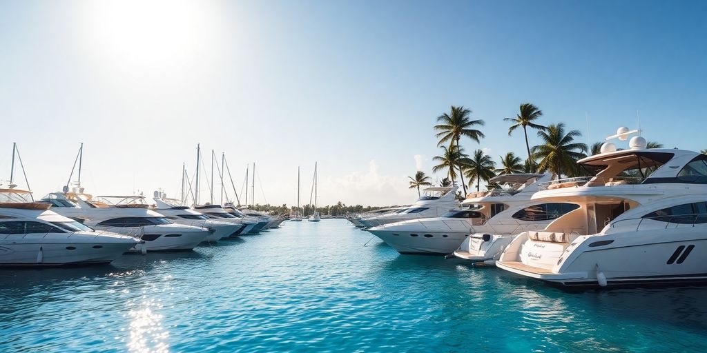 Luxury yachts docked at a sunlit Florida marina.