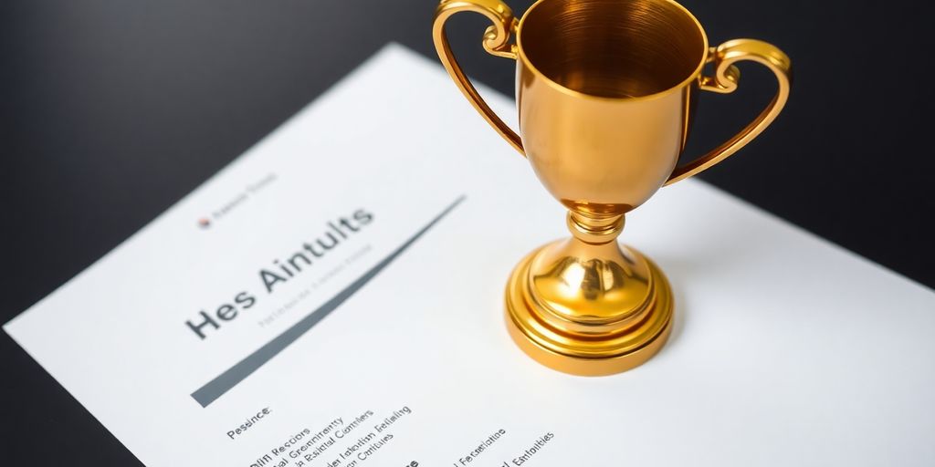 Golden trophy stands on a professional resume.