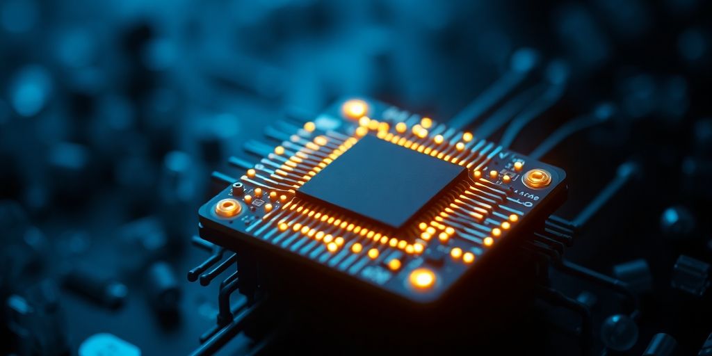 AI microchip and biohazard symbol.